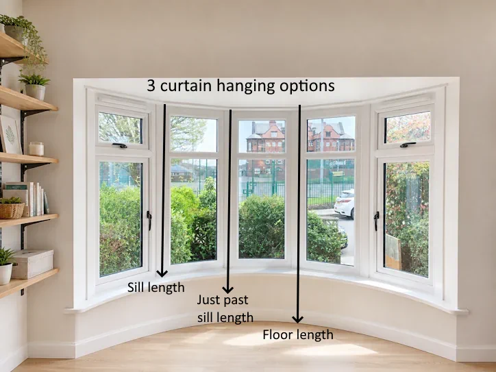 Bay window curtain length options including sill length and floor length curtains